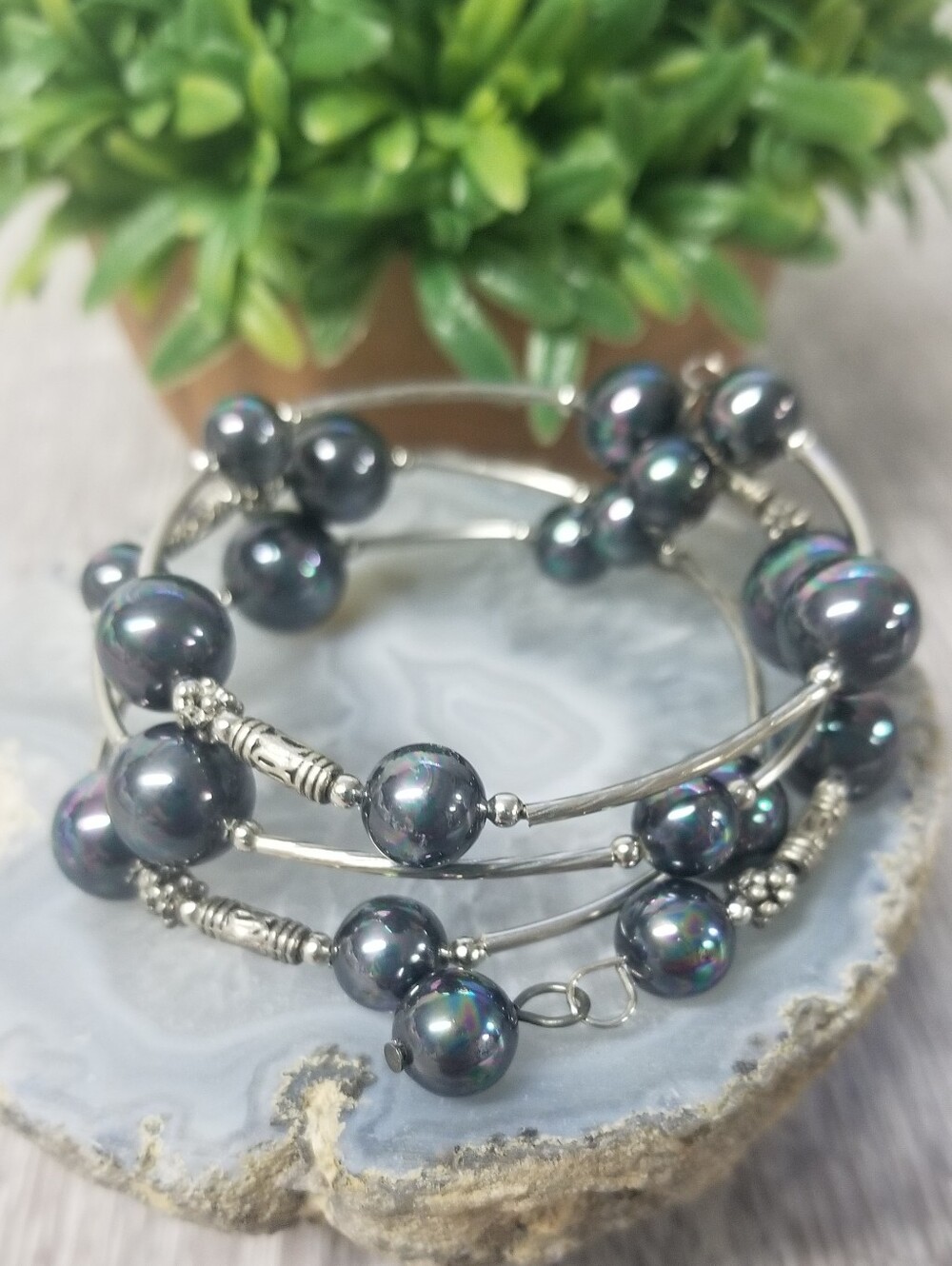 Wrap Bracelet W/ Dark Faux Iridescent Pearls